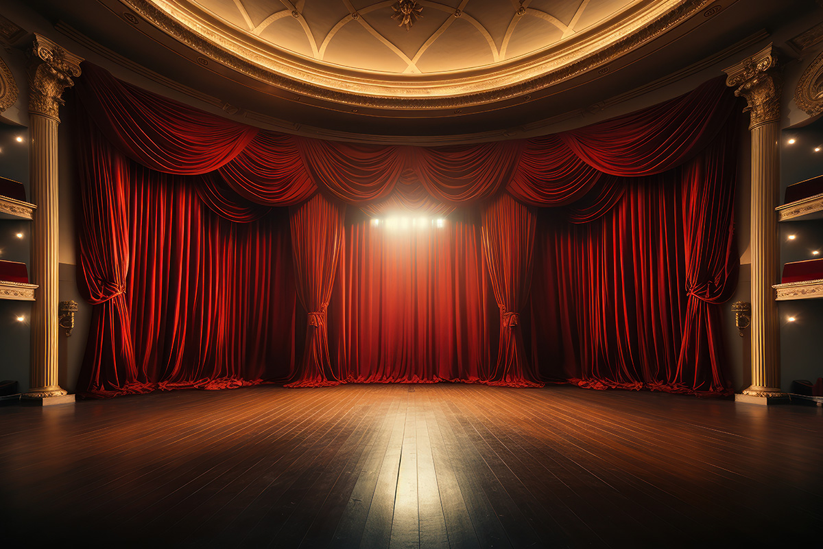 Empty theater with a red stage curtain.